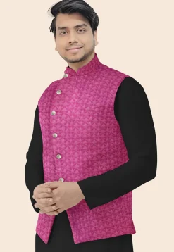 Embroidered Georgette Nehru Jacket in Magenta
