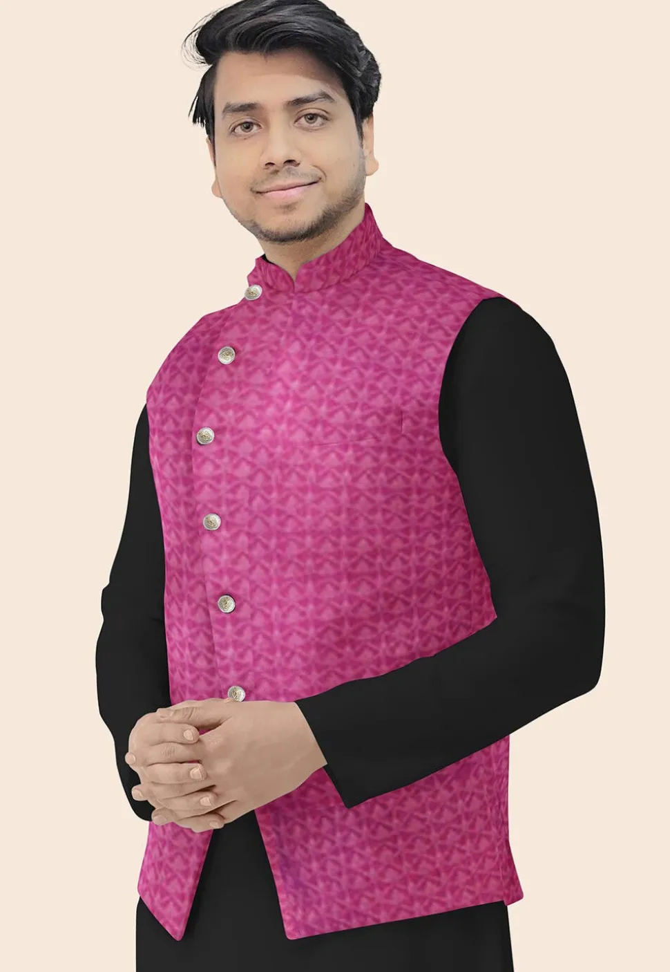 Embroidered Georgette Nehru Jacket in Magenta