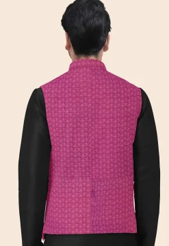 Embroidered Georgette Nehru Jacket in Magenta