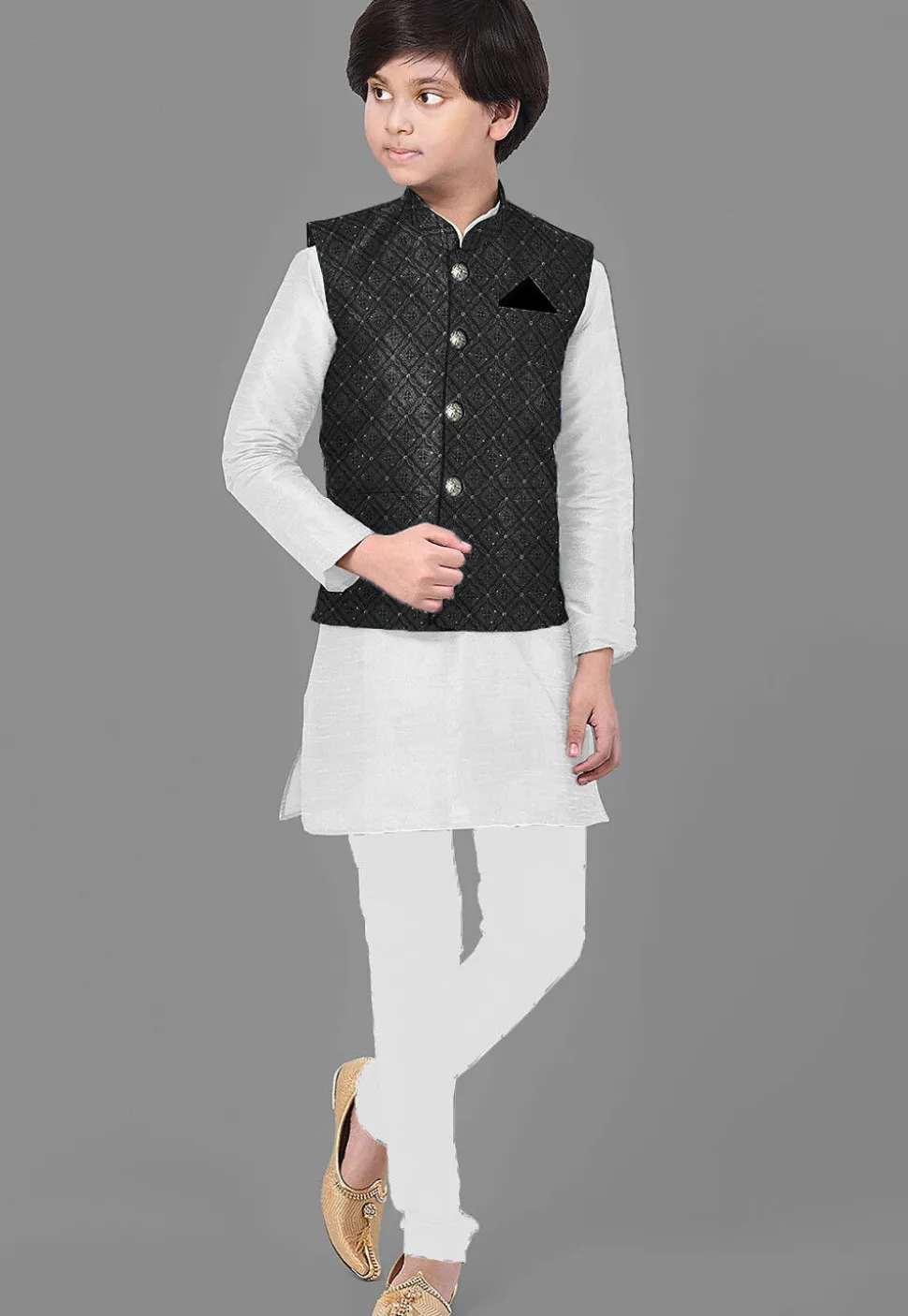 Embroidered Georgette Nehru Jacket in Black
