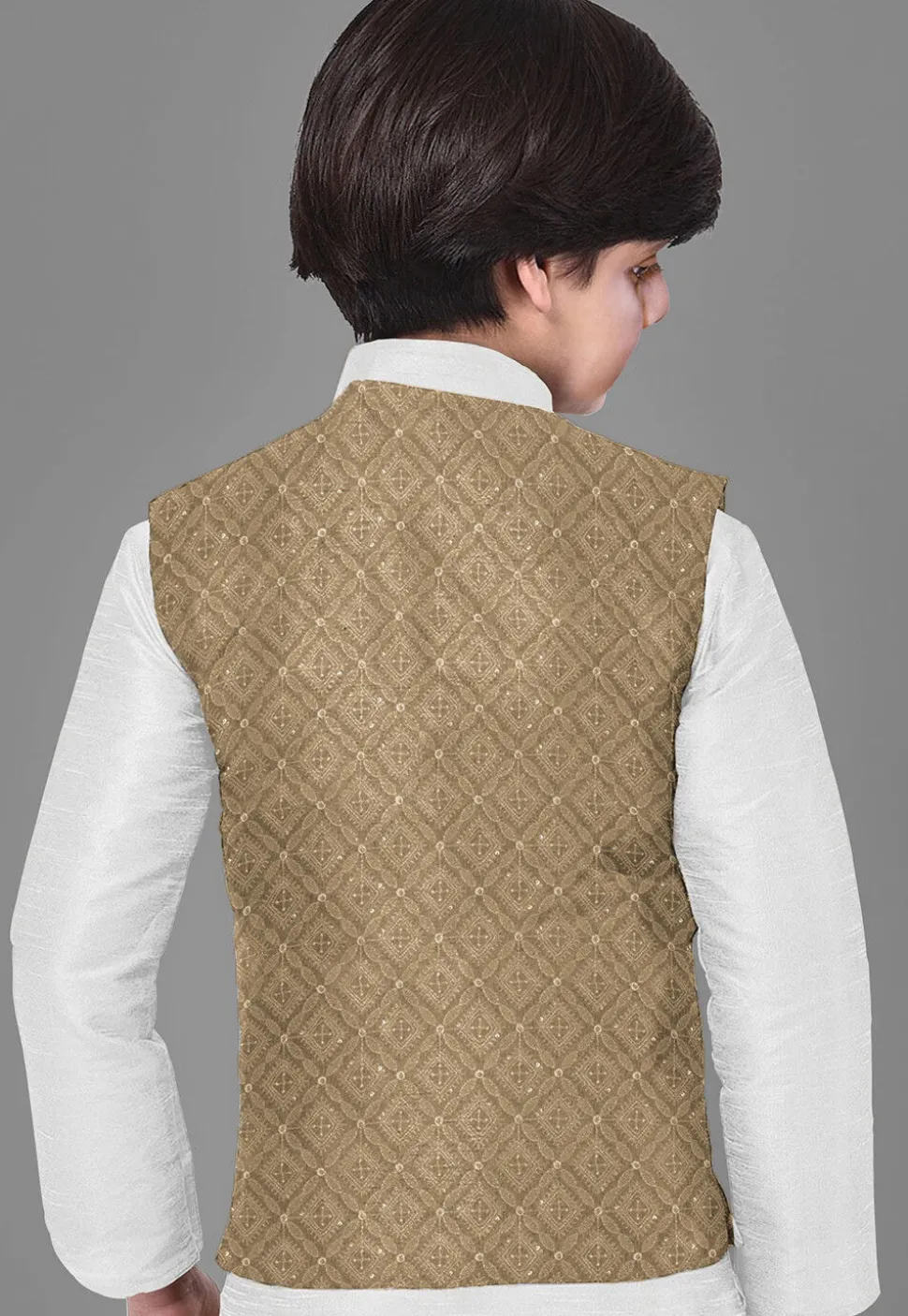 Embroidered Georgette Nehru Jacket in Dark Begie