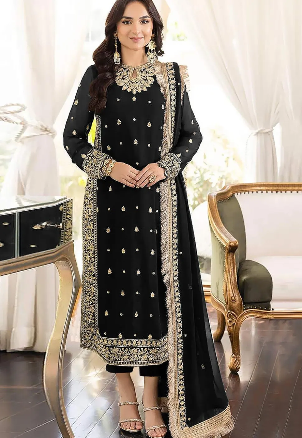 Embroidered Georgette Pakistani Suit in Black