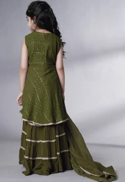 Embroidered Georgette Pakistani Suit in Olive Green