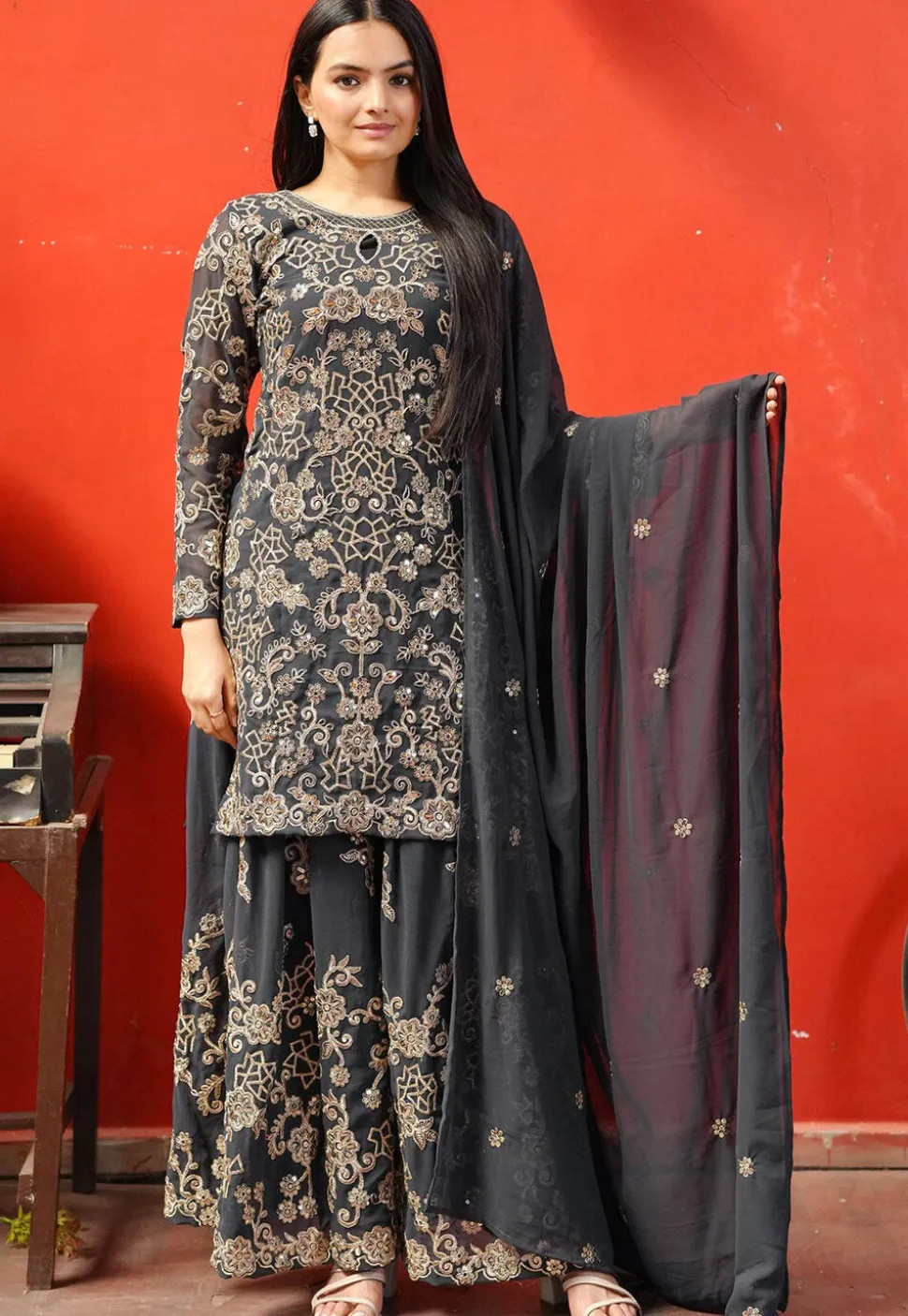Embroidered Georgette Pakistani Suit in Black