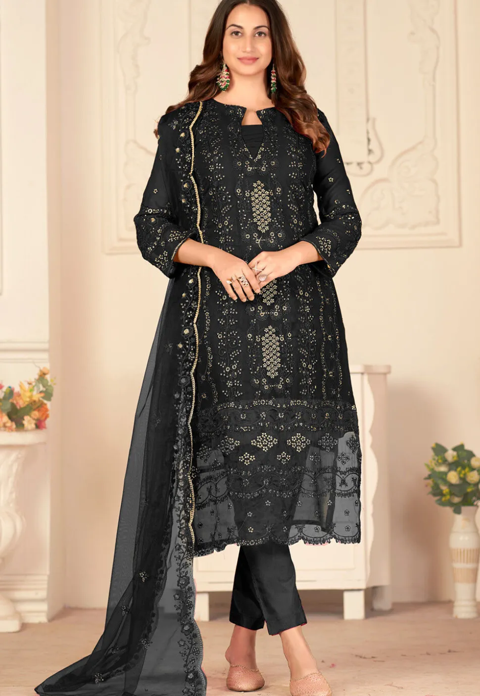 Embroidered Georgette Pakistani Suit in Black