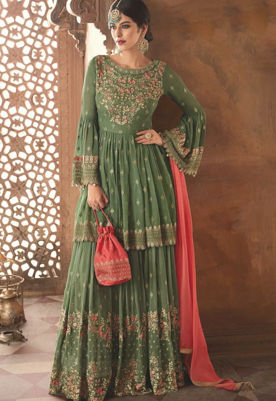 Embroidered Georgette Pakistani Suit in Dusty Green