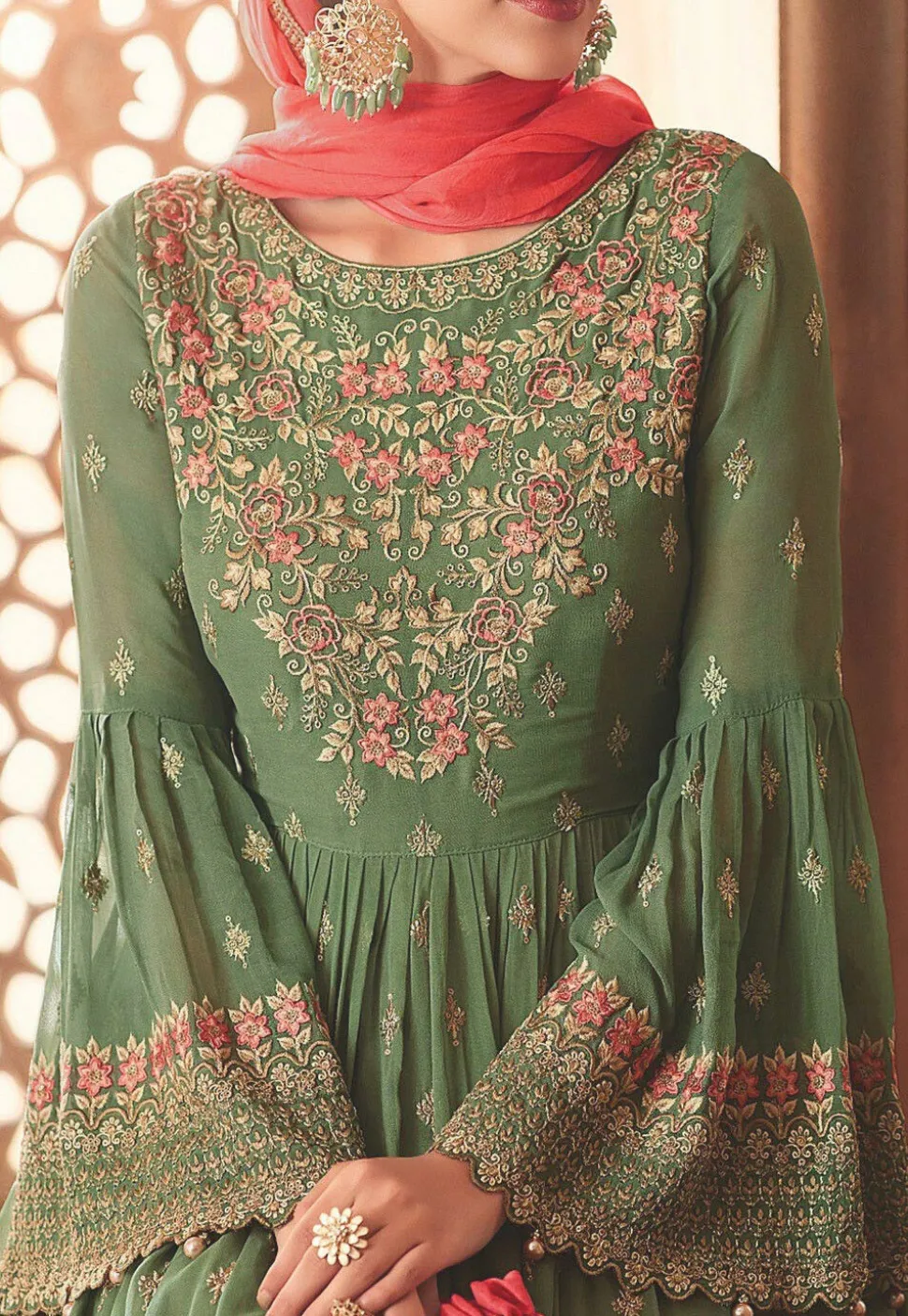 Embroidered Georgette Pakistani Suit in Dusty Green