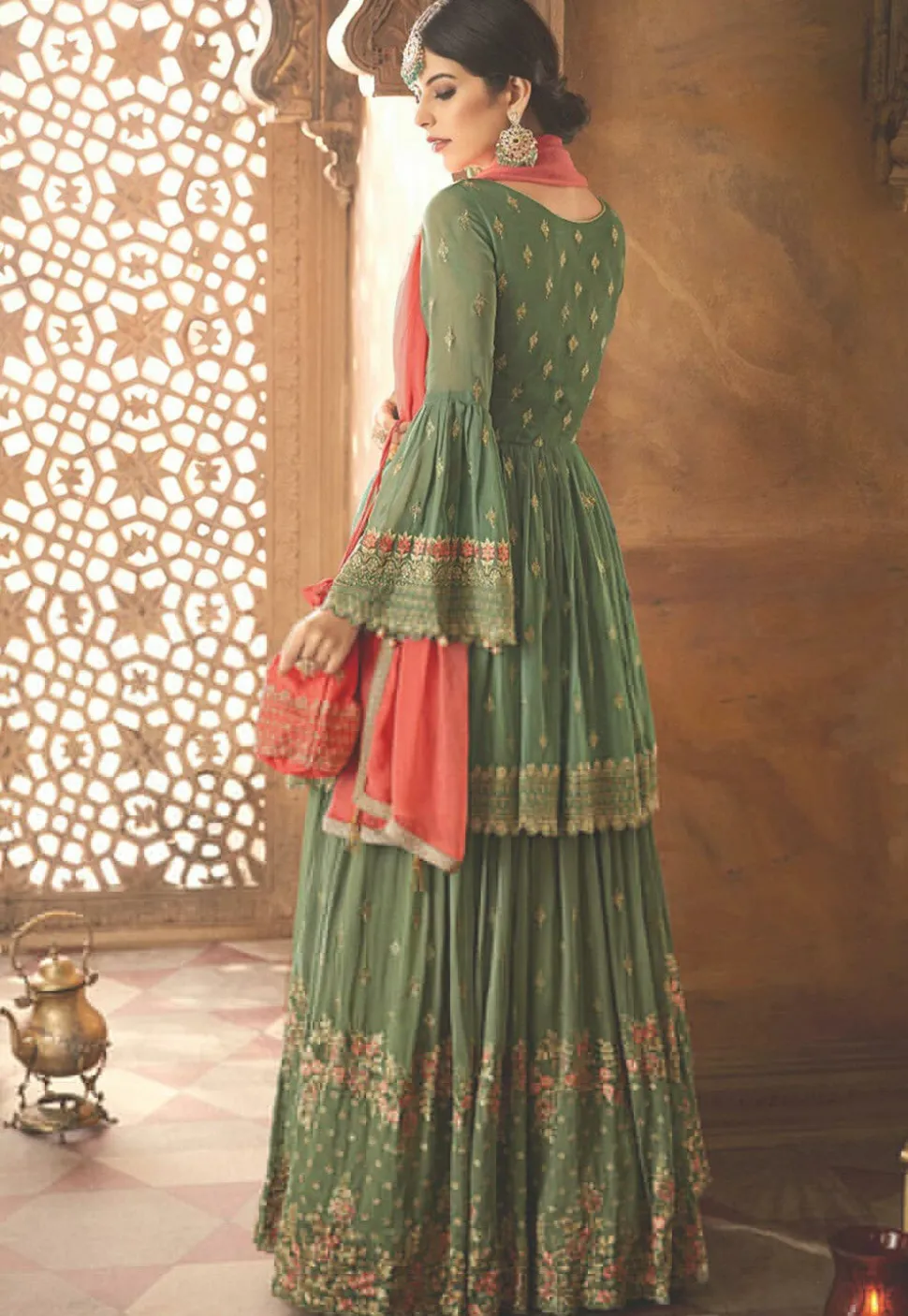 Embroidered Georgette Pakistani Suit in Dusty Green