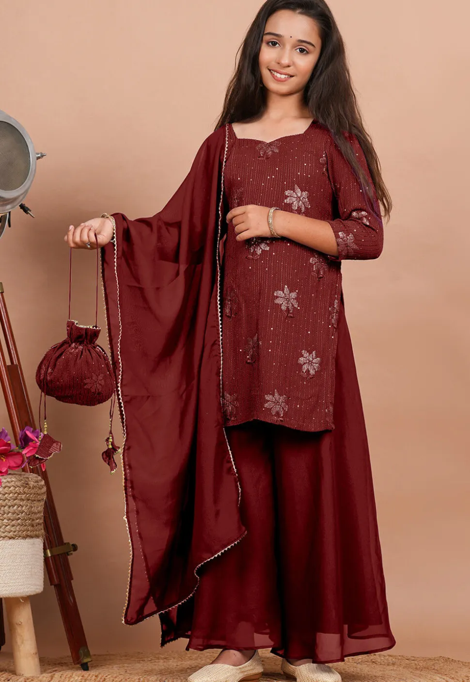 Embroidered Georgette Pakistani Suit in Maroon