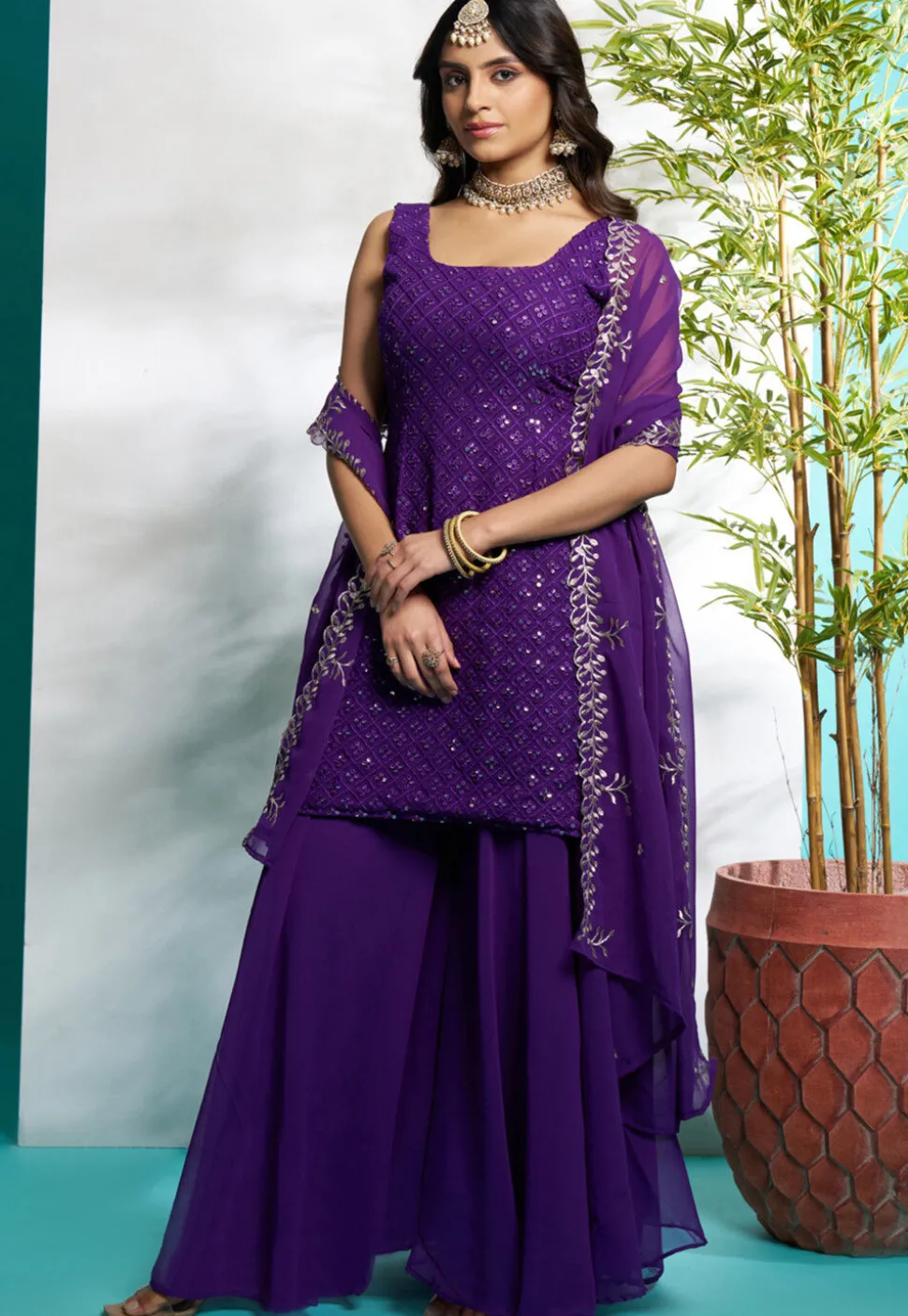 Embroidered Georgette Pakistani Suit in Purple