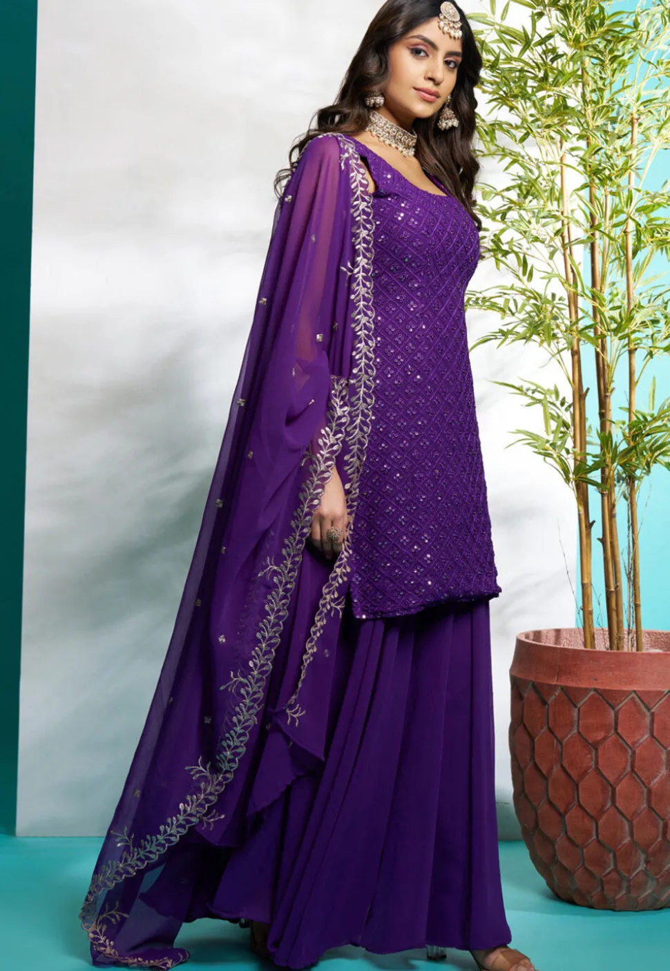 Embroidered Georgette Pakistani Suit in Purple