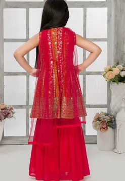 Embroidered Georgette Pakistani Suit in Orange and Fuchsia