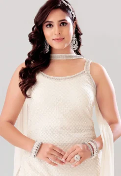 Embroidered Georgette Pakistani Suit in Off White