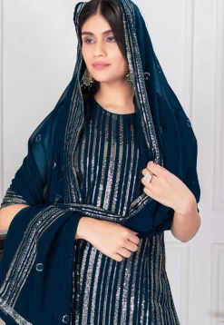 Embroidered Georgette Pakistani Suit in Teal Blue