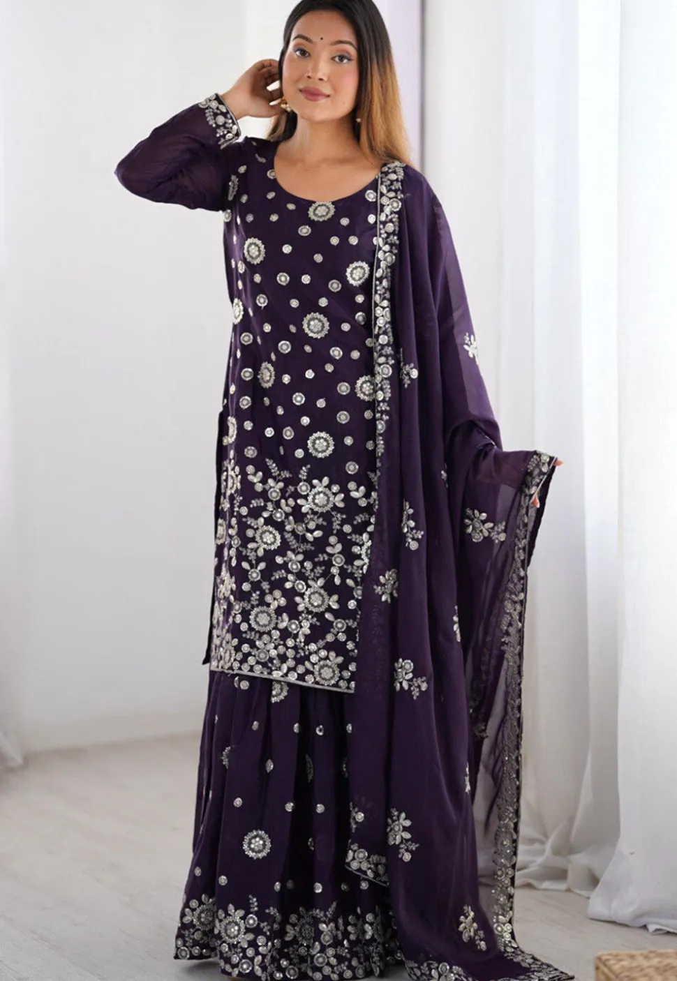Embroidered Georgette Pakistani Suit in Purple