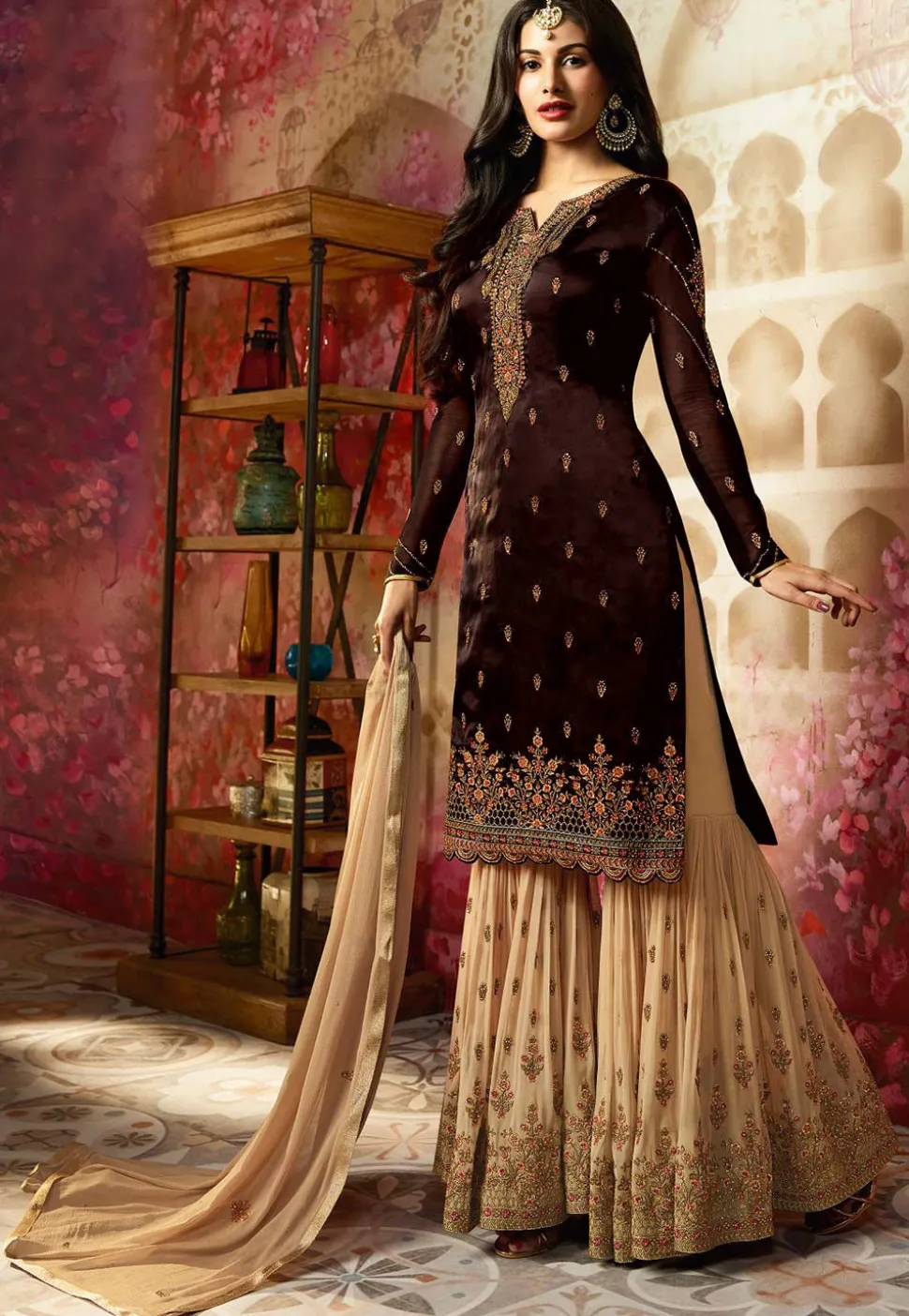 Embroidered Georgette Pakistani Suit in Brown