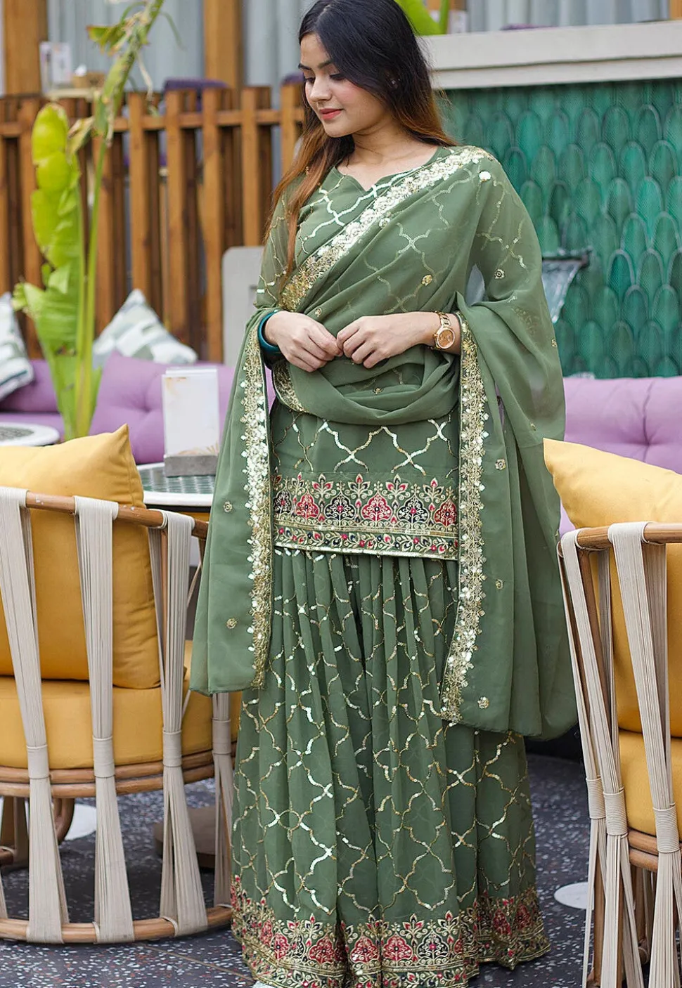 Embroidered Georgette Pakistani Suit in Dusty Green