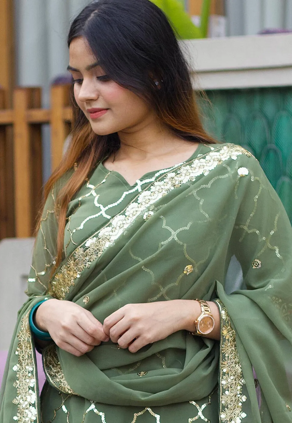 Embroidered Georgette Pakistani Suit in Dusty Green
