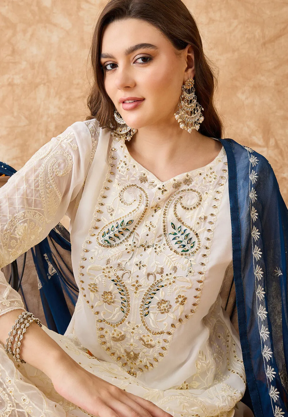 Embroidered Georgette Pakistani Suit in Off White