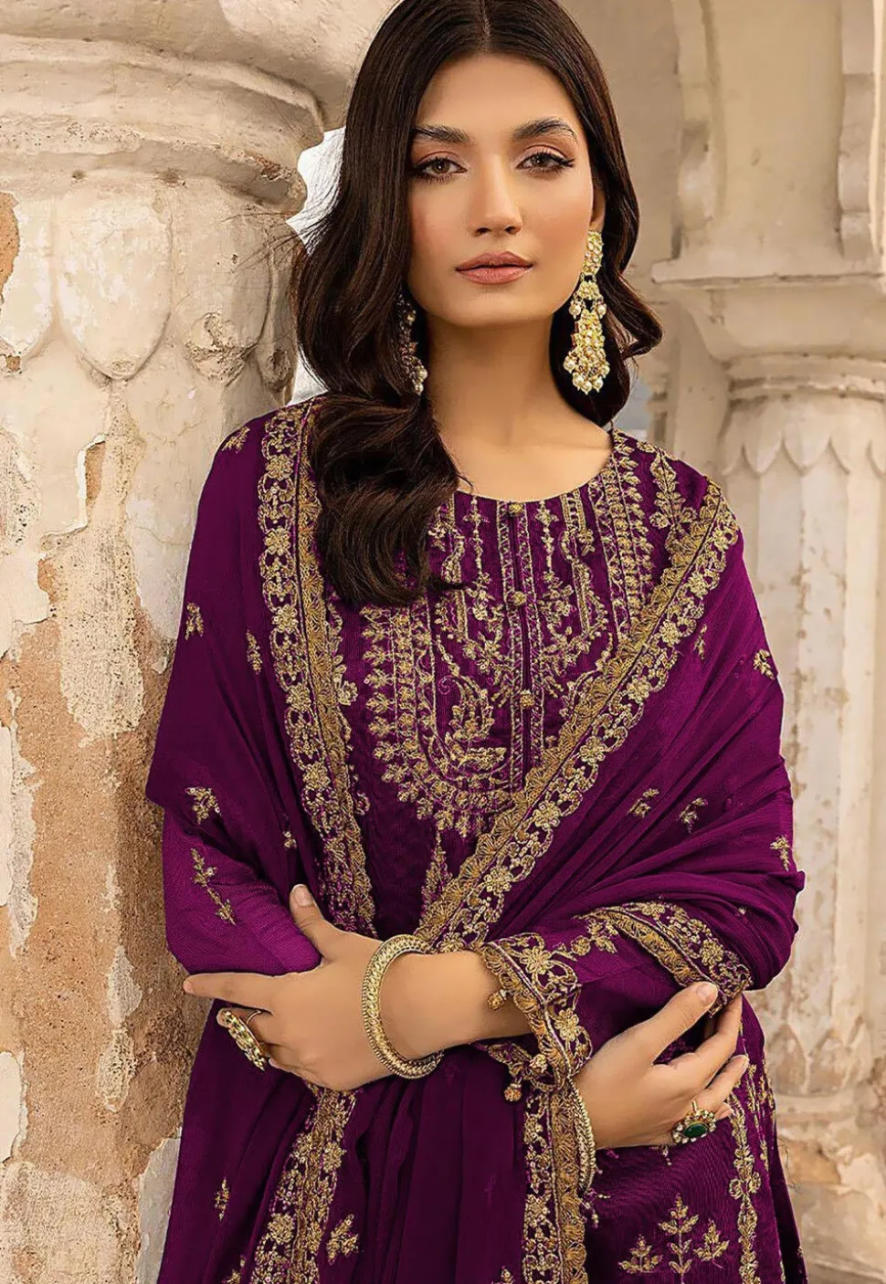 Embroidered Georgette Pakistani Suit in Wine