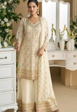 Embroidered Georgette Pakistani Suit in Light Beige