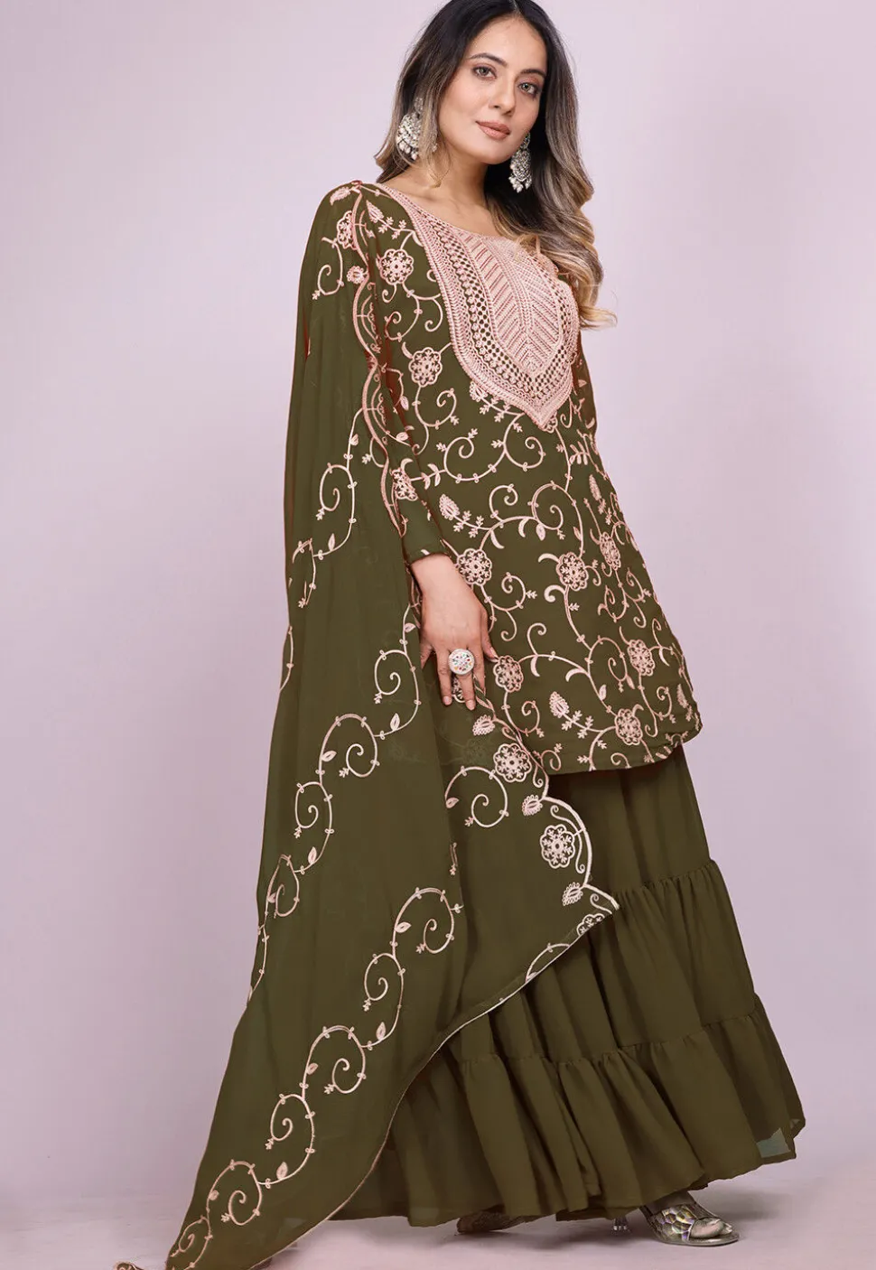 Embroidered Georgette Pakistani Suit in Olive Green