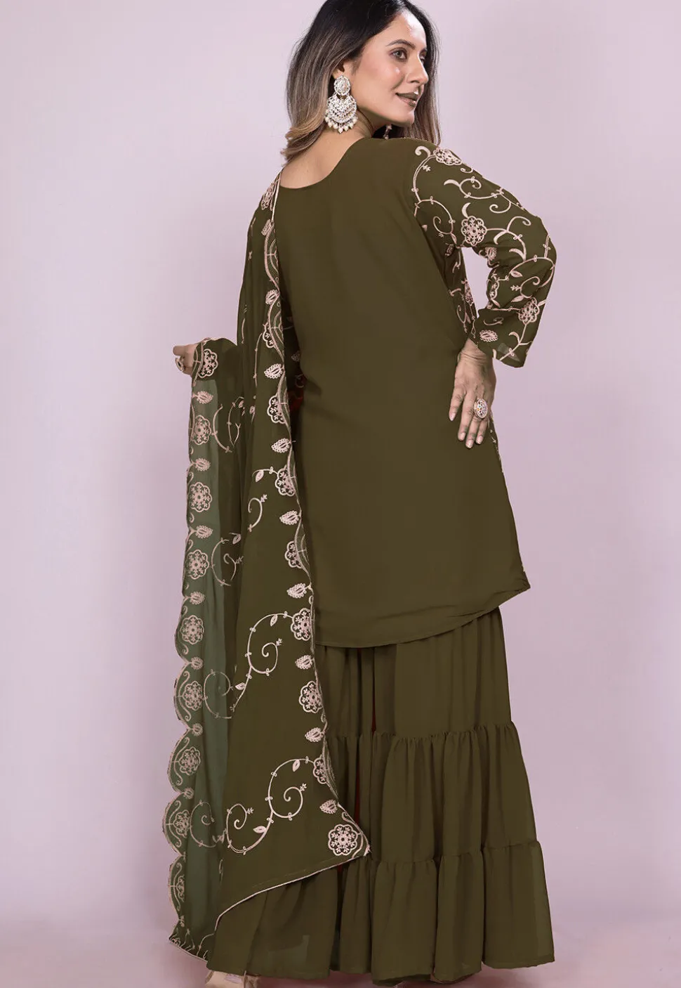 Embroidered Georgette Pakistani Suit in Olive Green