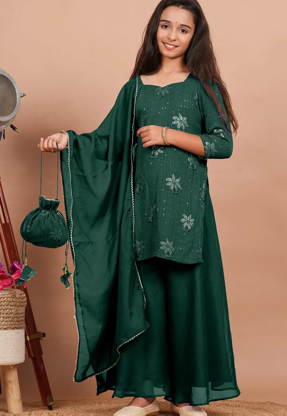 Embroidered Georgette Pakistani Suit in Dark Green