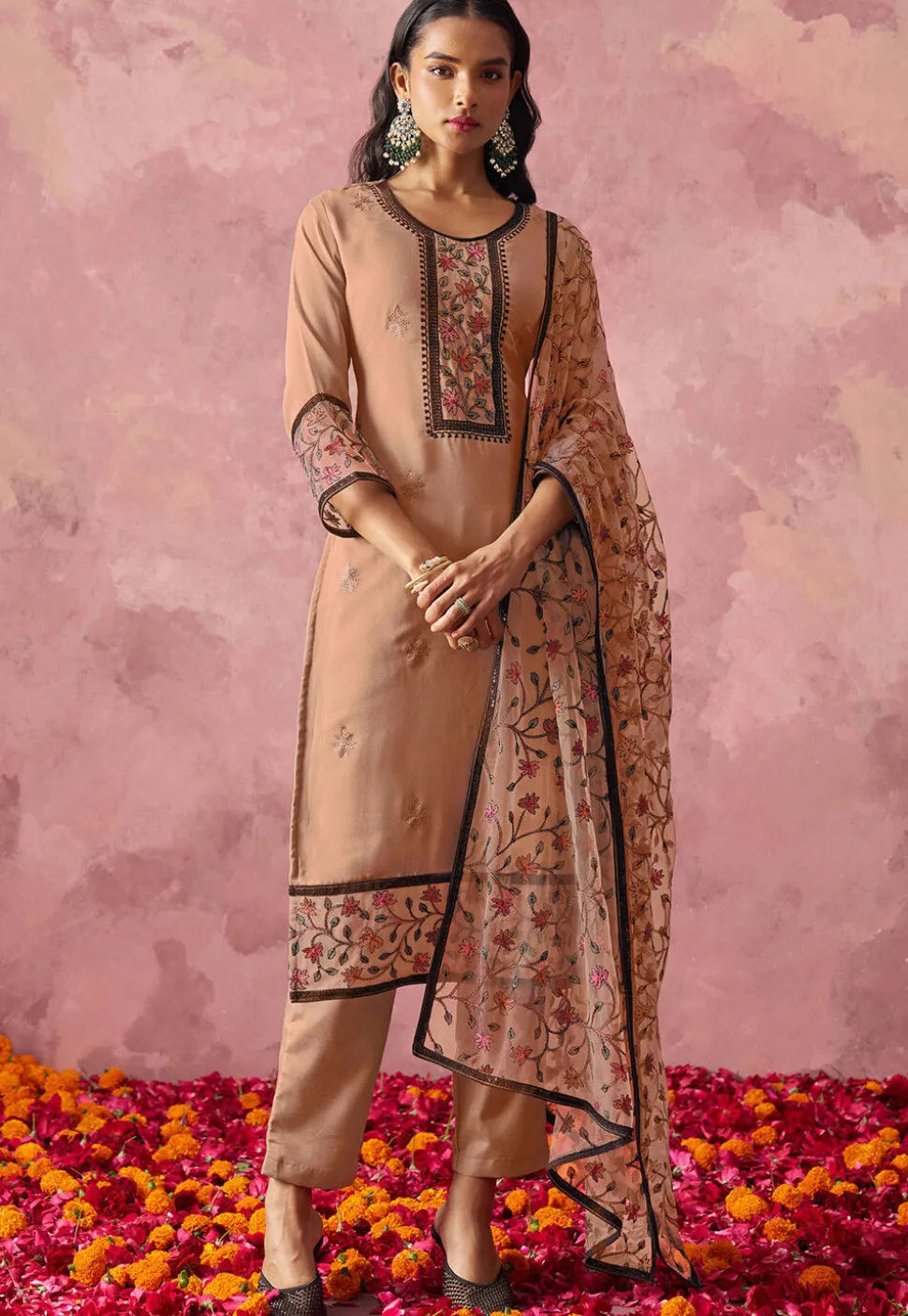 Embroidered Georgette Pakistani Suit in Peach