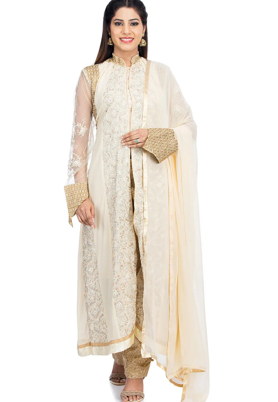 Embroidered Georgette Pakistani Suit in Off White