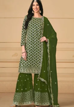 Embroidered Georgette Pakistani Suit in Green