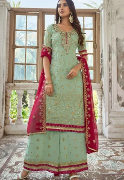Embroidered Georgette Pakistani Suit in Light Green
