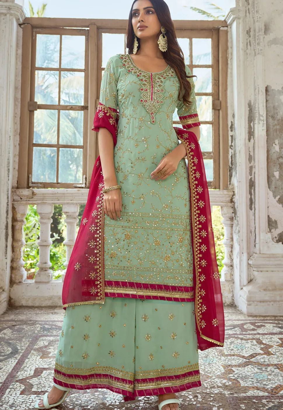 Embroidered Georgette Pakistani Suit in Light Green