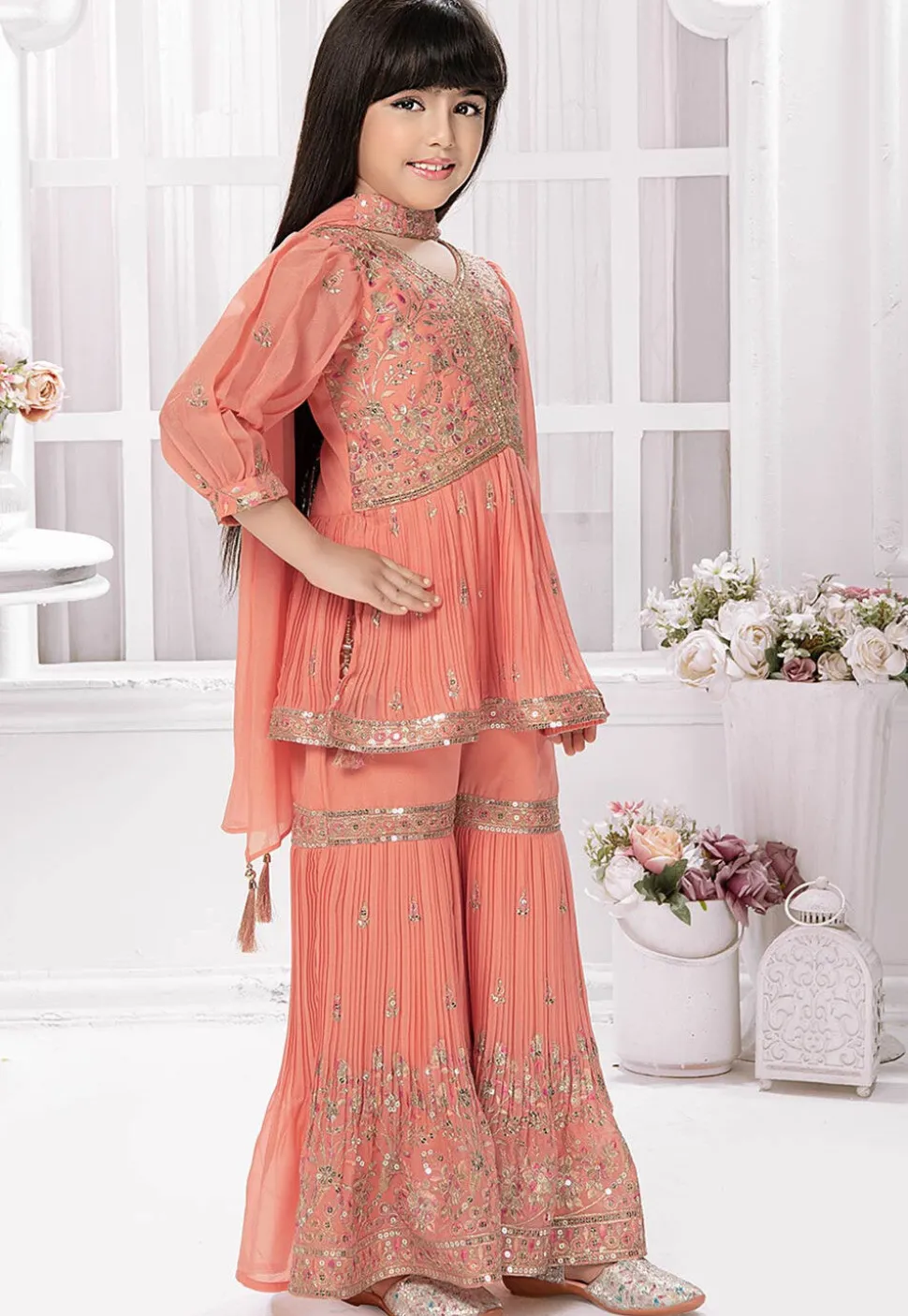 Embroidered Georgette Pakistani Suit in Peach