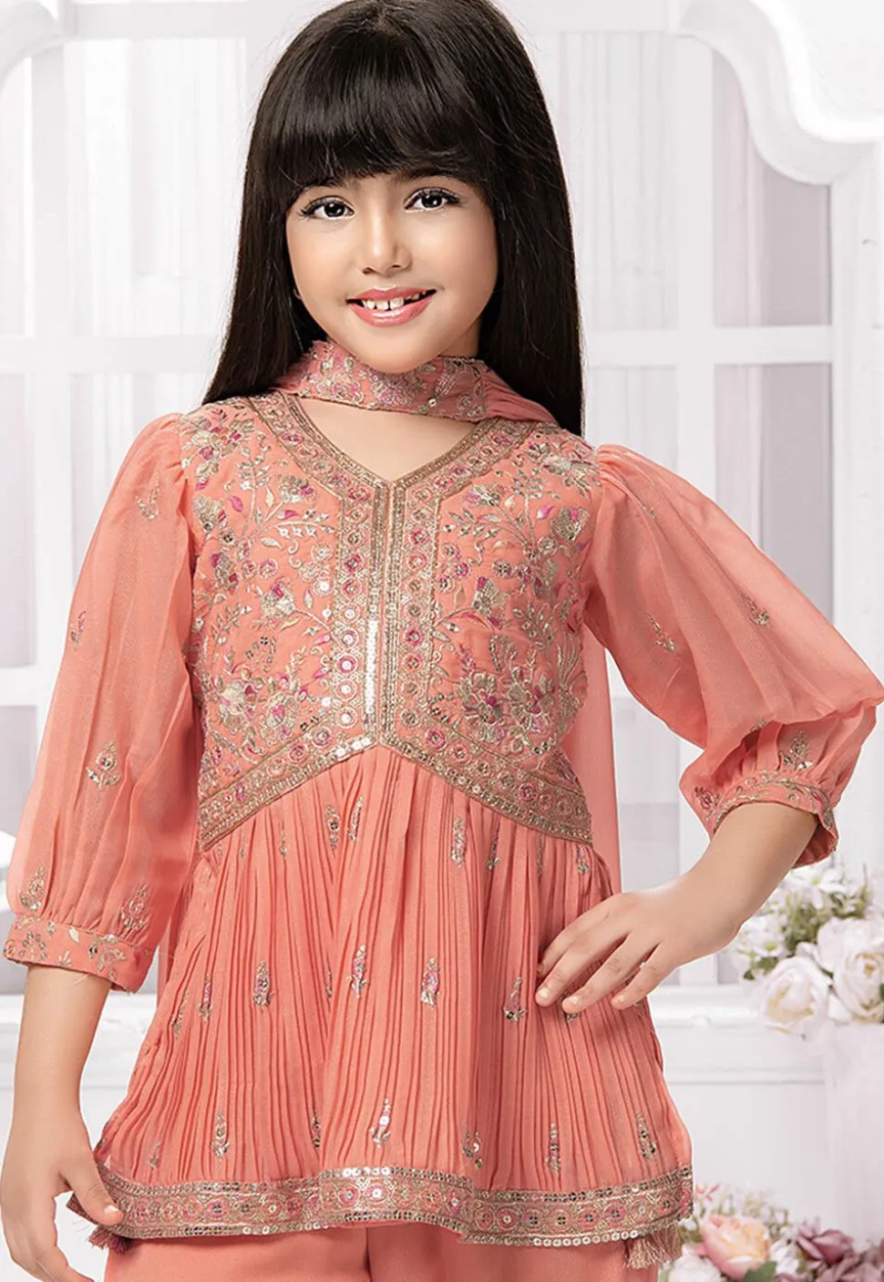Embroidered Georgette Pakistani Suit in Peach
