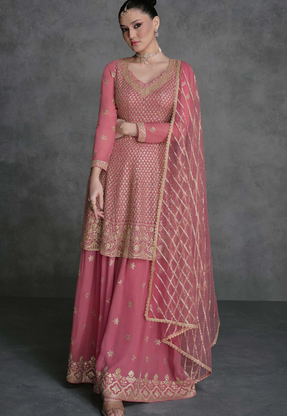 Embroidered Georgette Pakistani Suit in Pink