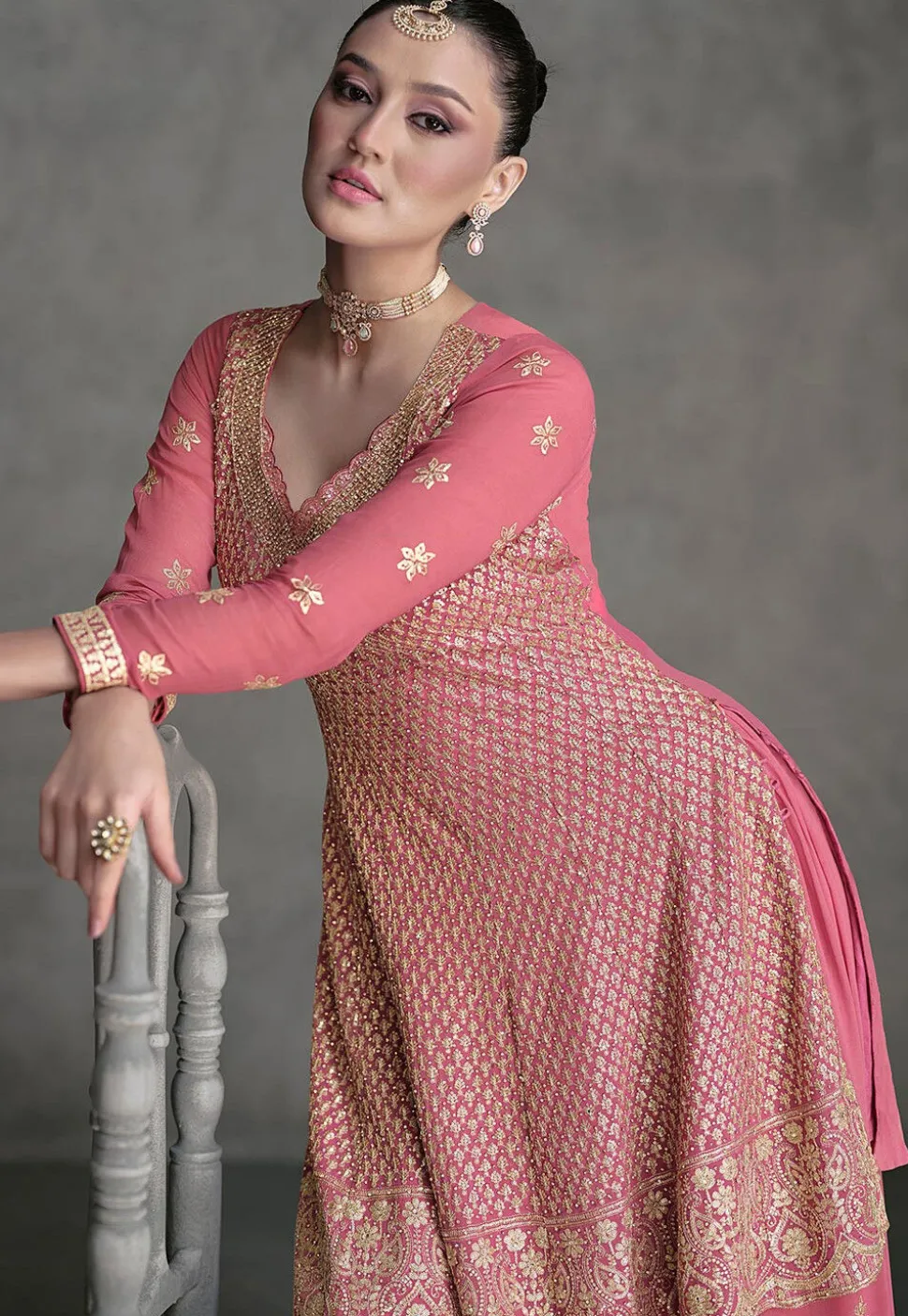 Embroidered Georgette Pakistani Suit in Pink