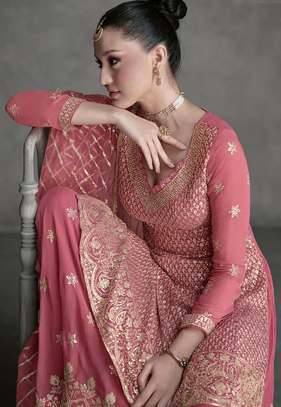 Embroidered Georgette Pakistani Suit in Pink