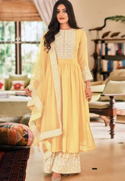 Embroidered Georgette Pakistani Suit in Yellow