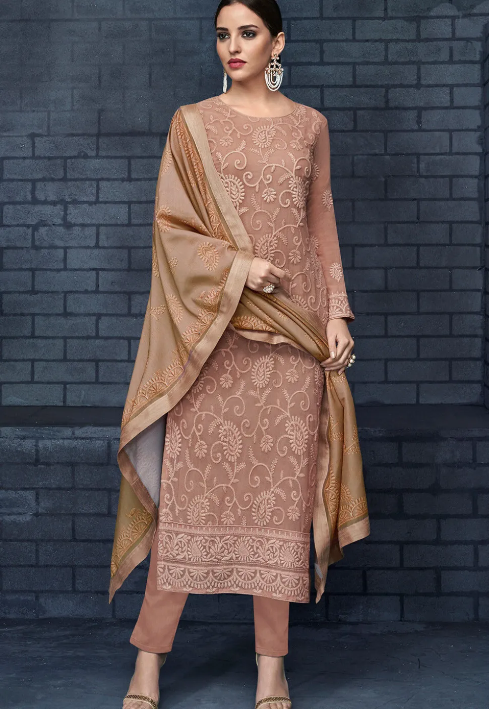 Embroidered Georgette Pakistani Suit in Dusty Peach