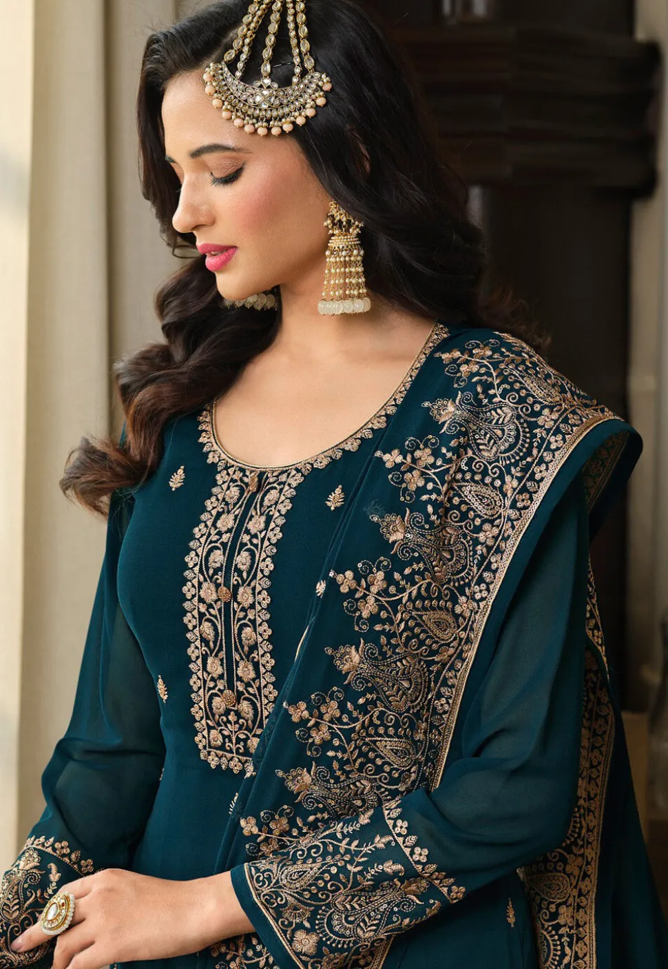 Embroidered Georgette Pakistani Suit in Teal Blue