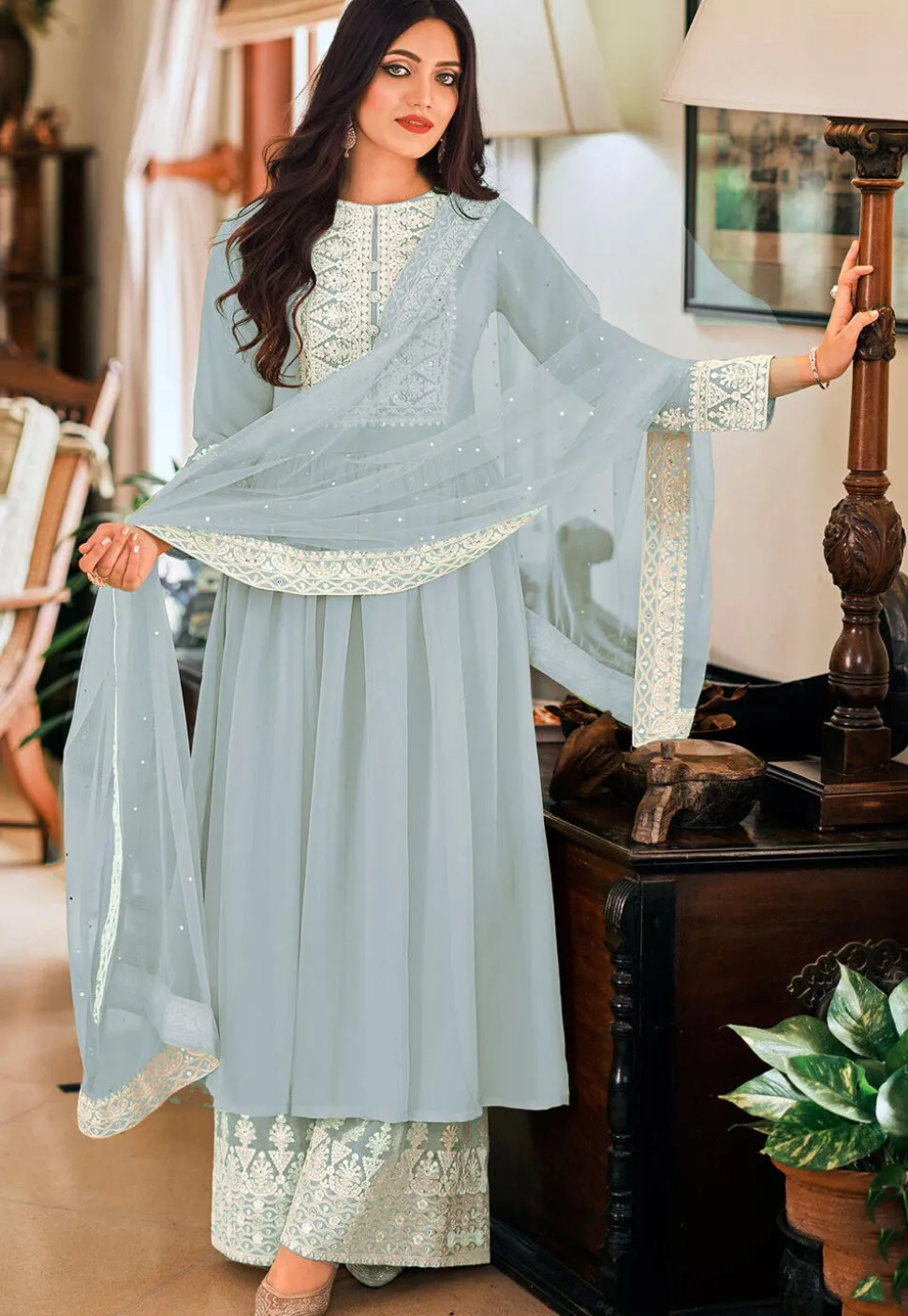 Embroidered Georgette Pakistani Suit in Grey