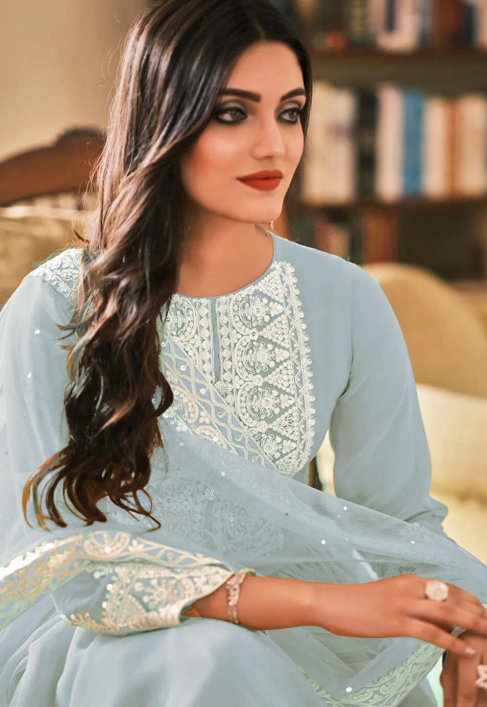 Embroidered Georgette Pakistani Suit in Grey