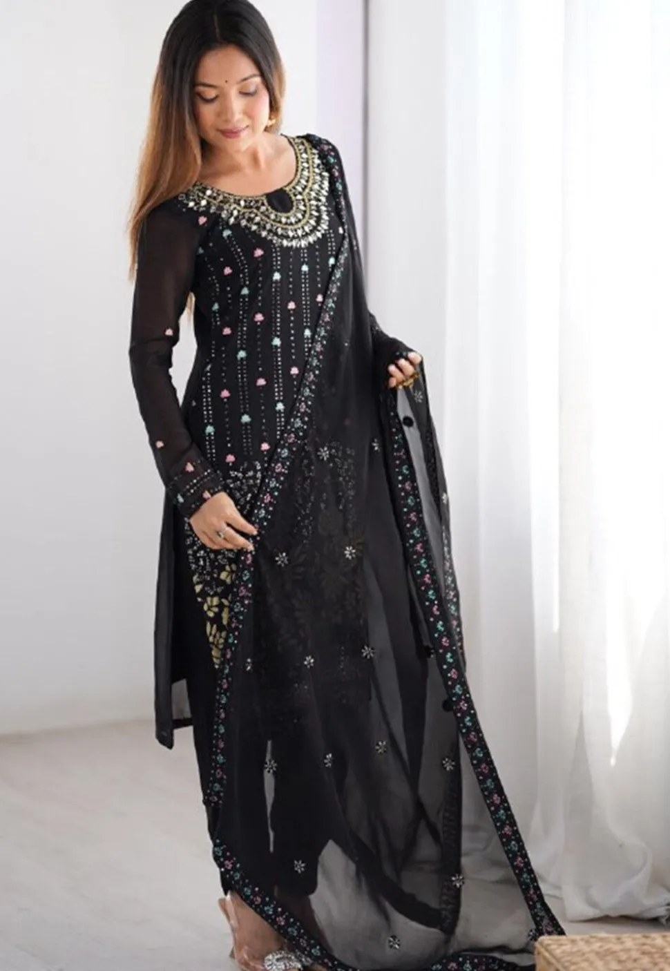Embroidered Georgette Pakistani Suit in Black