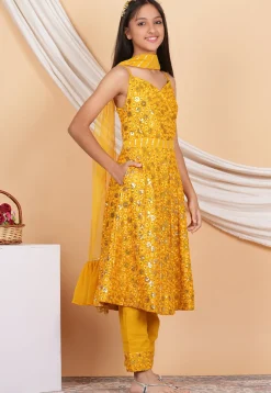Embroidered Georgette Pakistani Suit in Mustard