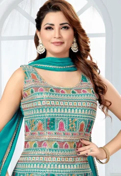 Embroidered Georgette Pakistani Suit in Teal Blue