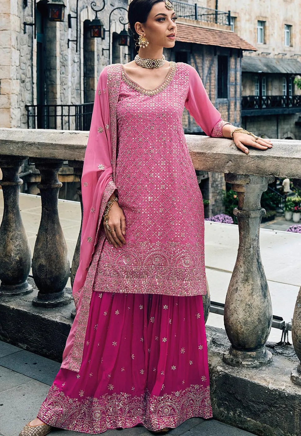 Embroidered Georgette Pakistani Suit in Pink