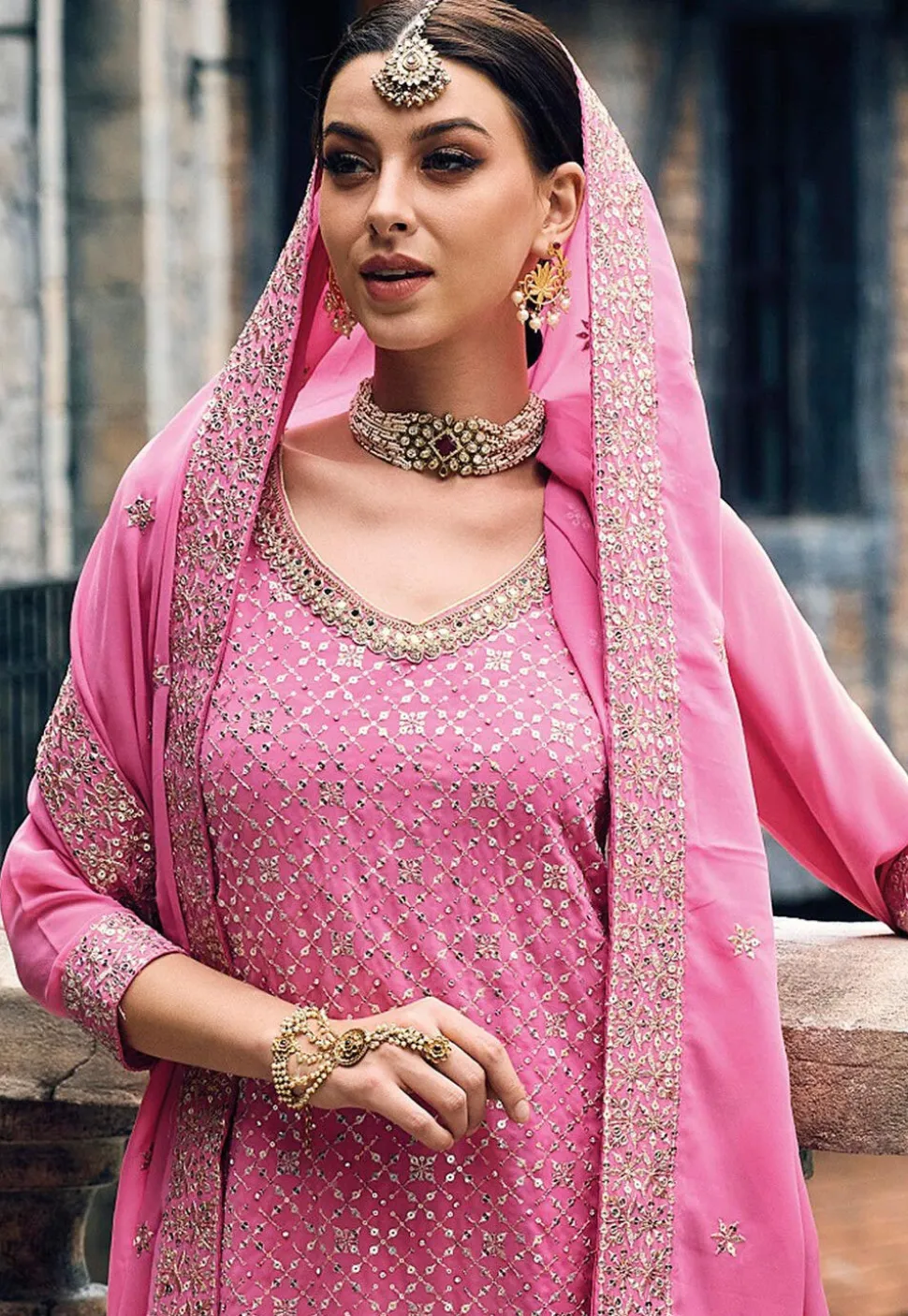 Embroidered Georgette Pakistani Suit in Pink