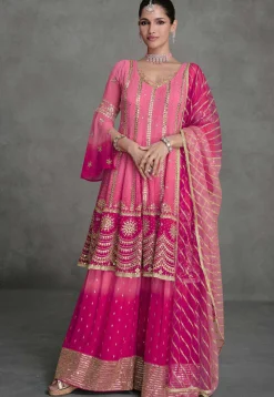 Embroidered Georgette Pakistani Suit in Shaded Pink and Fuchsia