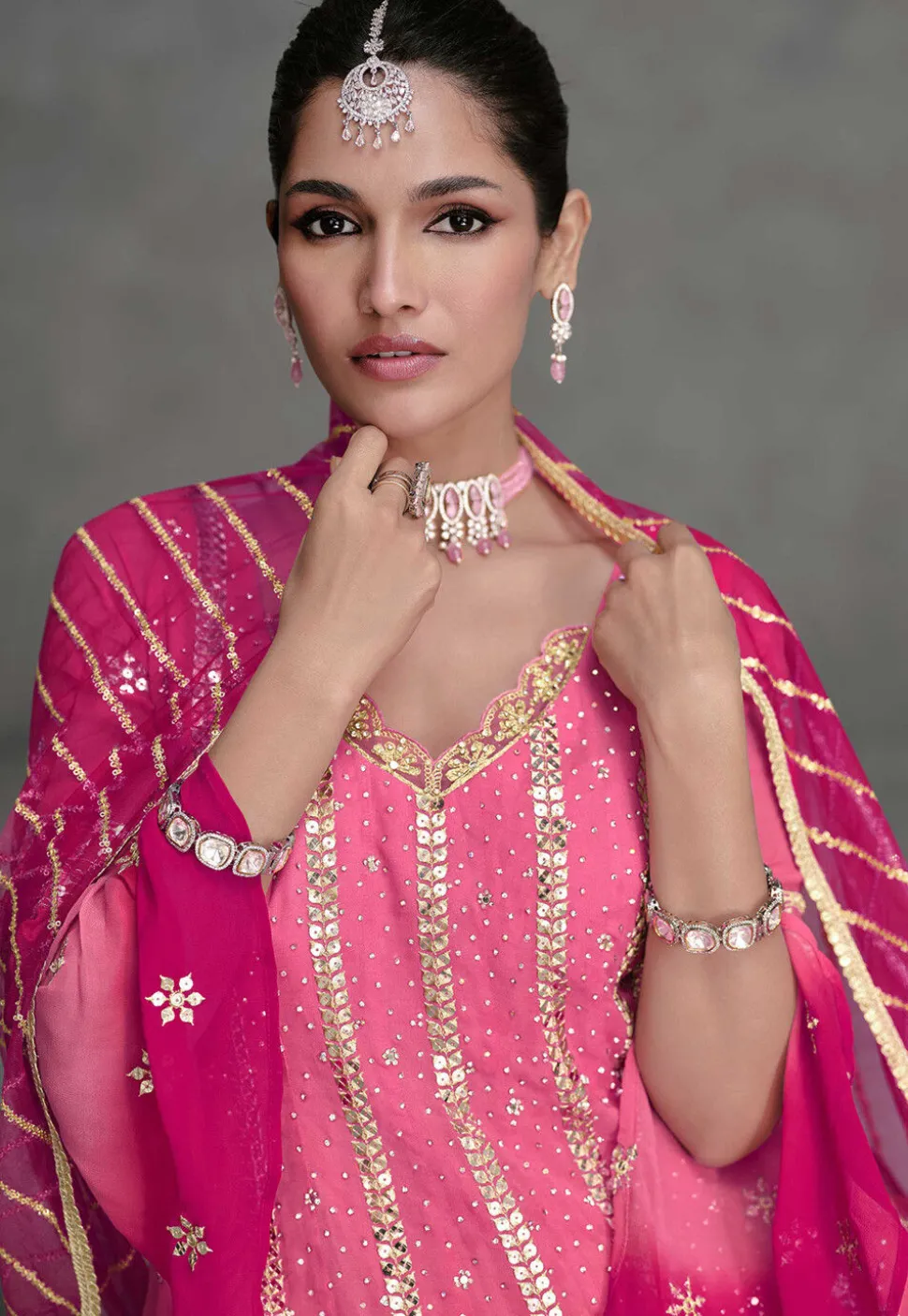 Embroidered Georgette Pakistani Suit in Shaded Pink and Fuchsia